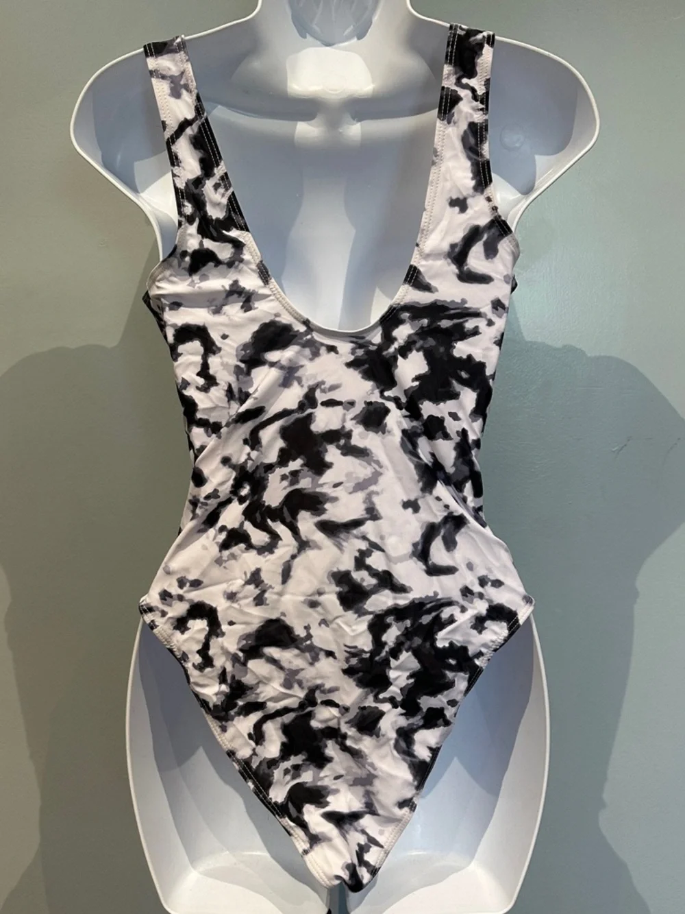 Black & White Marble Print One-Piece Swimsuit Medium NWOT